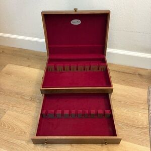 Vintage Wooden Flatware Chest Red Velvet Lined 2 Tier Drawer Storage Box